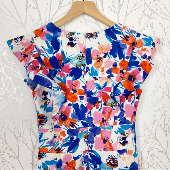 DKNY V-Neck Watercolor Floral Print Ruffle Cap Sleeve Sheath Dress NWT 2 - Picture 7 of 10